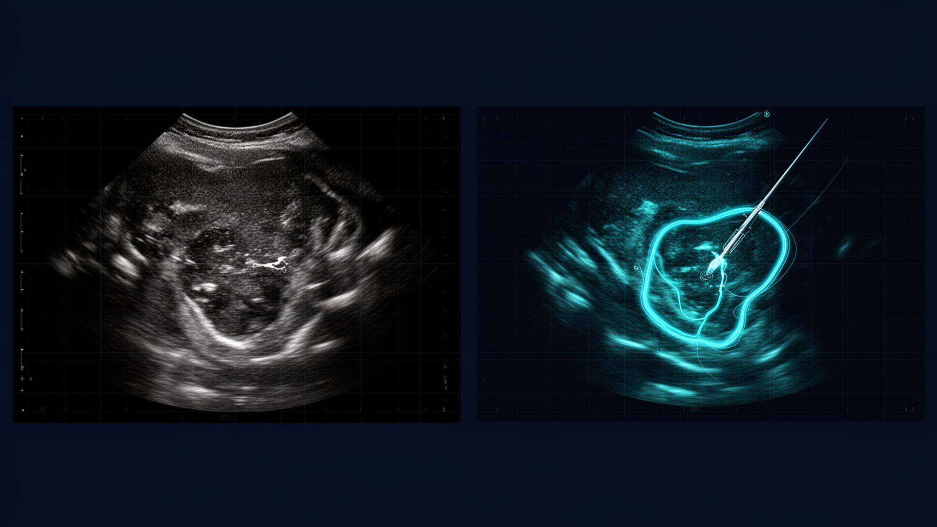 Real-time dual-target tracking using Optovance's multi-modal foundation model showing raw ultrasound on left and AI-processed output with tumor segmentation on right